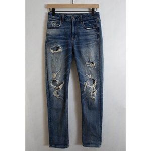 American Eagle Stretch X Hi-Rise Slim Distressed Jeans - Medium Blue - 2 Short